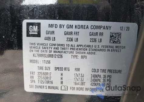 2021 Chevrolet Trailblazer Awd Lt z USA, uszkodzony, nr VIN KL79MRSL6MB121226